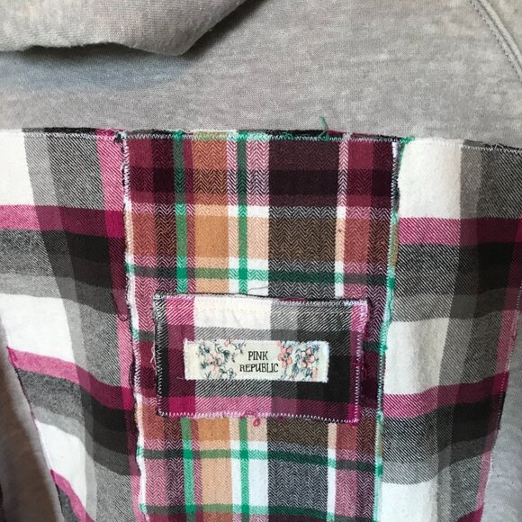 Patchwork Hoodie, Plus Size XL-2X: Upcycled Gray Magenta Plaid Boho Jacket - Picture 13 of 15